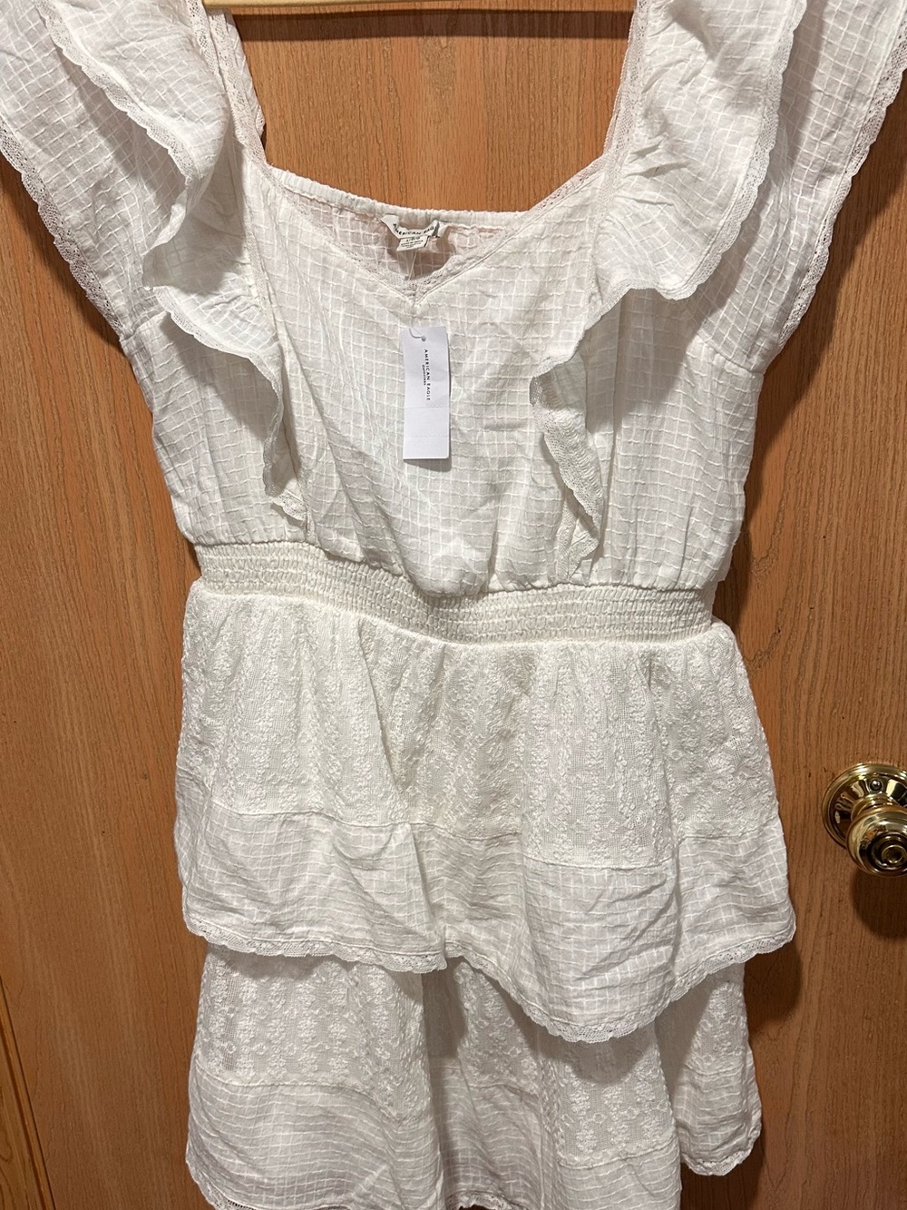 American Eagle Outfitters Cream Textured Ruffle Detail Top